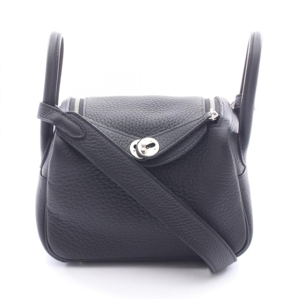Hermes Lindy Mini Shoulder Bag Handbag Leather Taurillon Clemence Women's Bla...